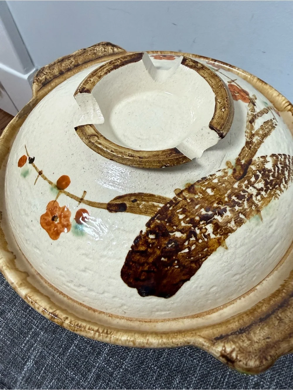 Vintage Japanese Donabe Clay Pot Hand Painted Orange Blossom Casserole Lid 8